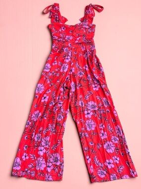 BOG Collective Red Floral Wide Leg Jumpsuit Womens Medium Smocked Bodice